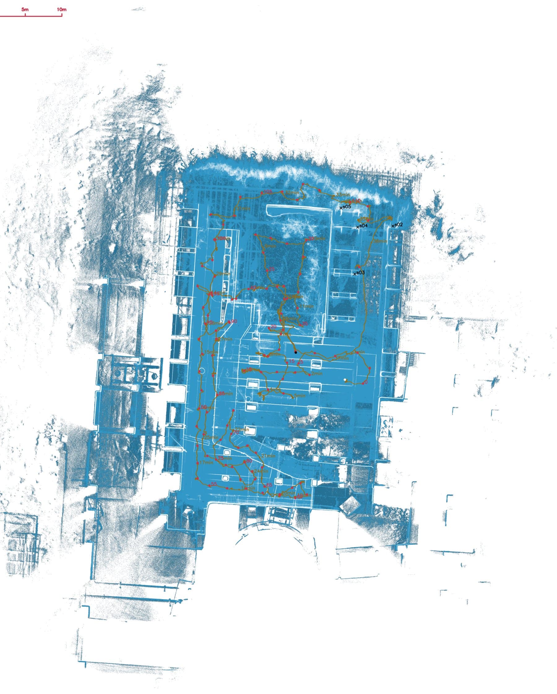 Figure 3.14: A wearable scan of a facility, with the walked path