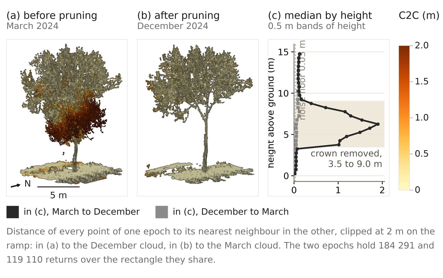 Figure 14.4: A tree before and after pruning, by cloud-to-cloud distance