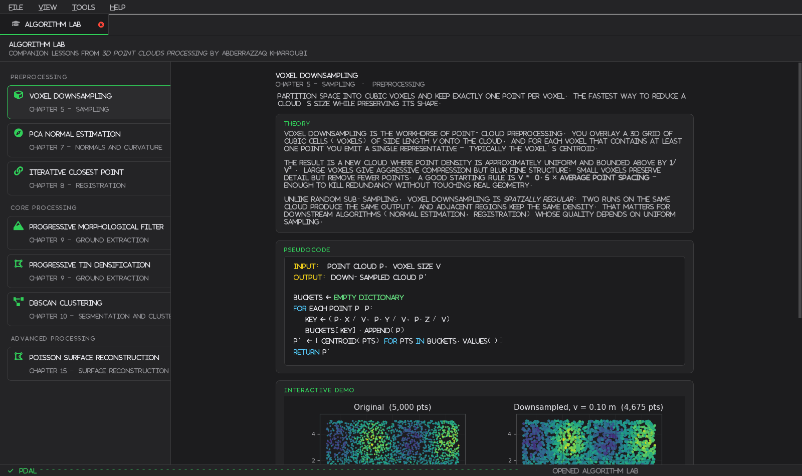 The Algorithm Lab: voxel downsampling theory, pseudocode and an interactive demo, from chapter 5 of the book.