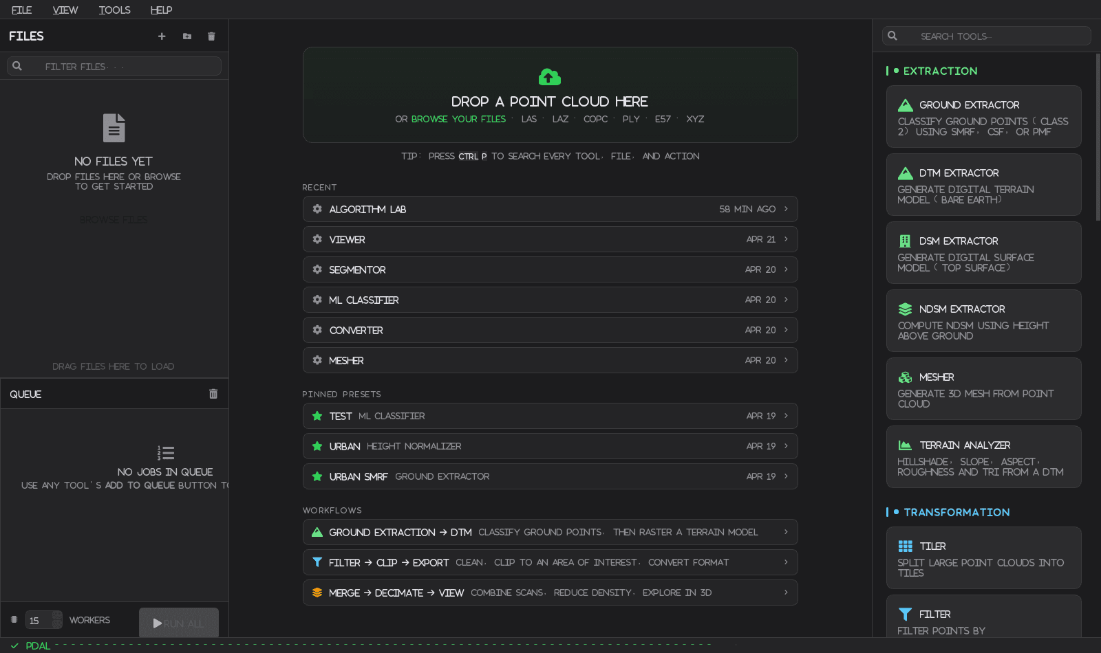 The PCToolbox dashboard: file panel, job queue, recent tools, pinned presets and the tool library.