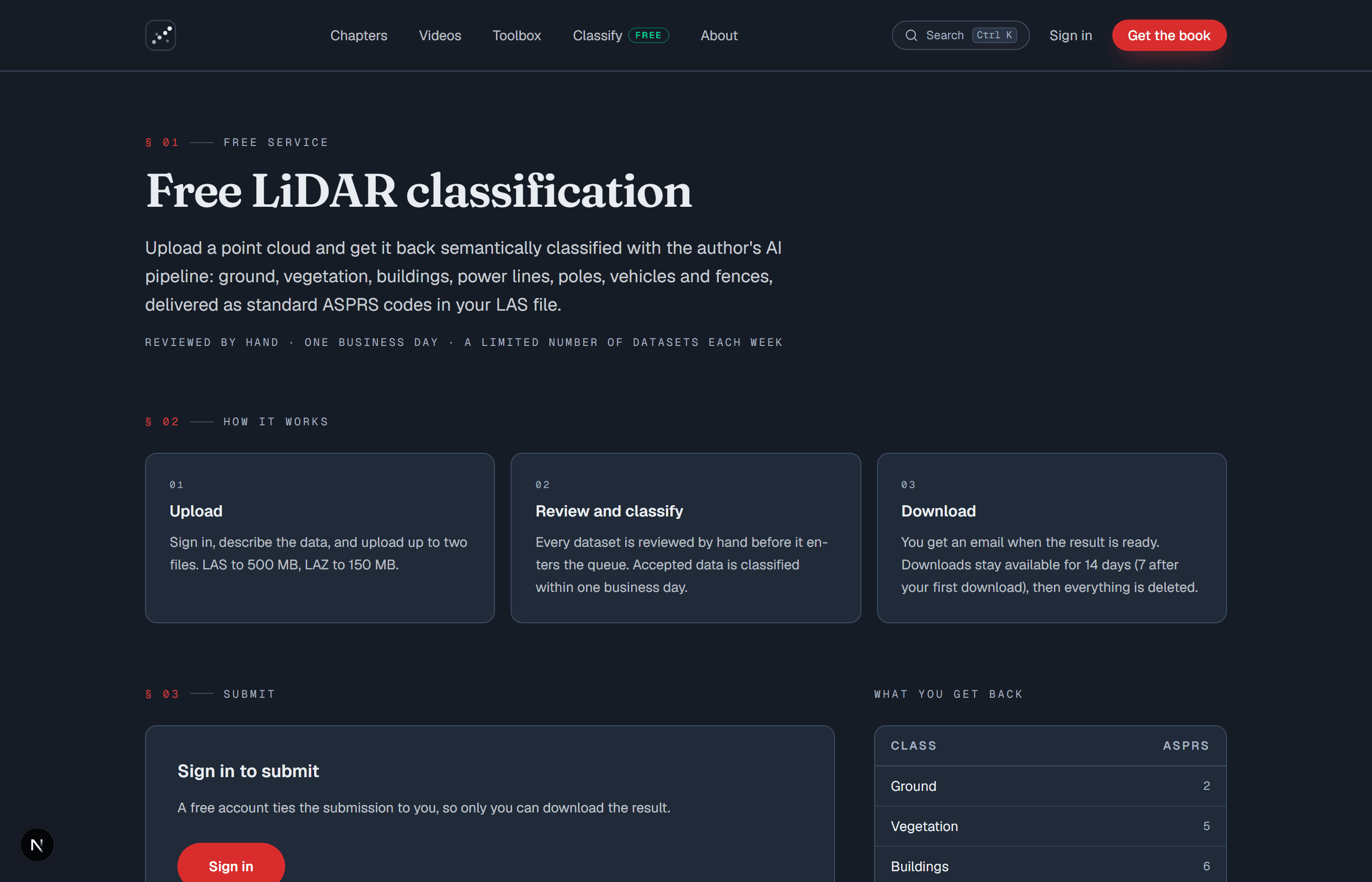 The free classification service page: how it works in three steps and the delivered class schema.