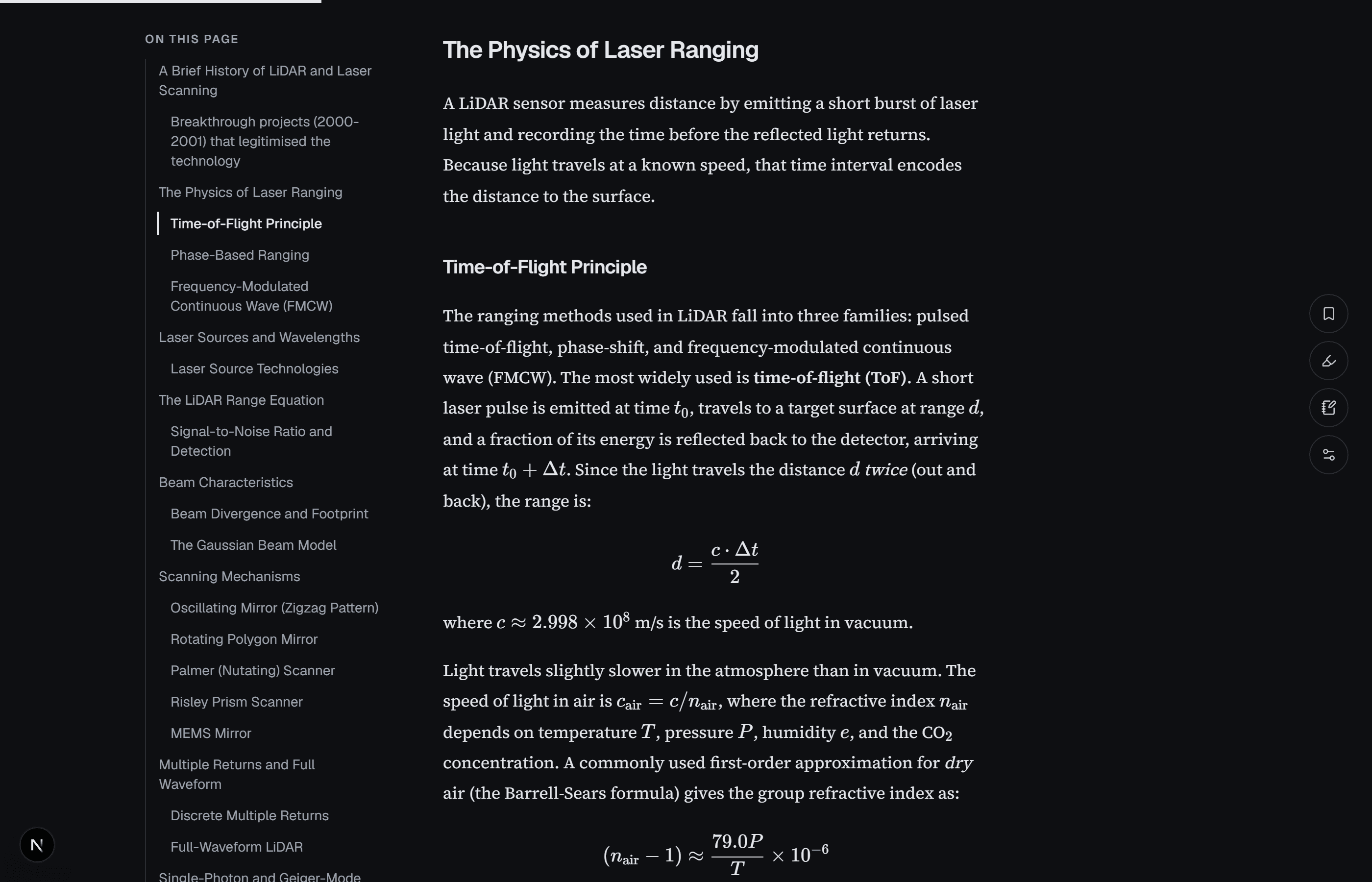 The online reader showing the LiDAR Principles chapter: contents sidebar, typeset time-of-flight equations and reading tools.