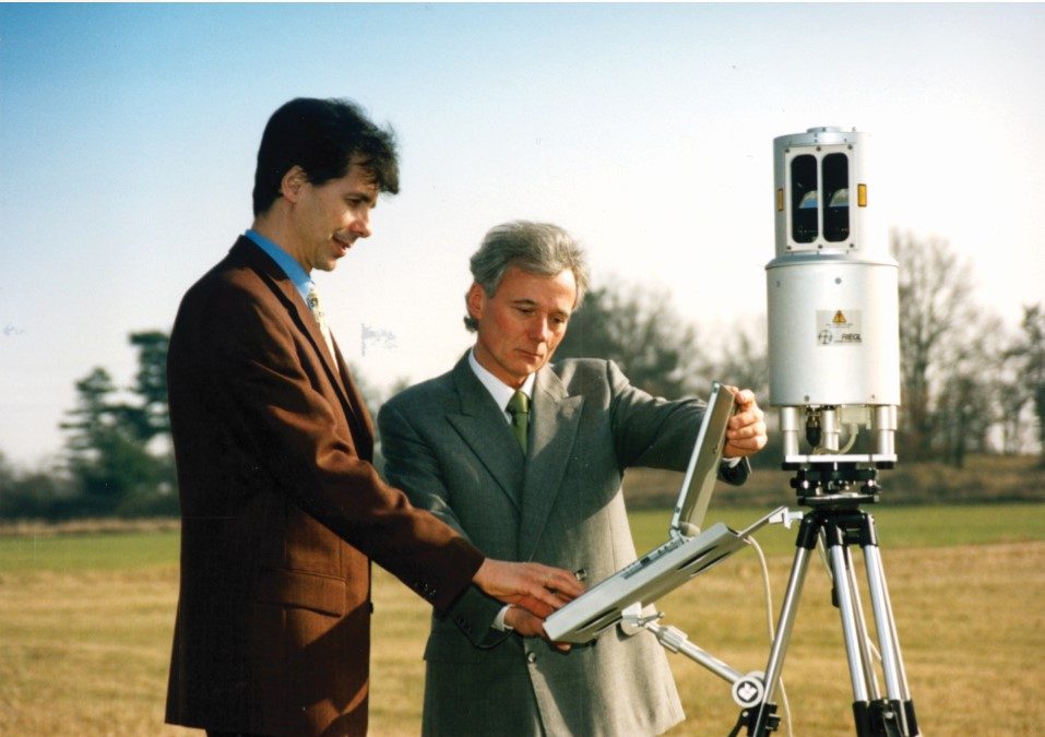 A first-generation terrestrial scanner and its tethered laptop.